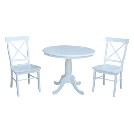 International Concepts Round 36 in Round Extension Dining Table with 2 X-Back Chairs, White, 36 in W, 48 in L, 28.9 in H K08-36RXT-C613-2